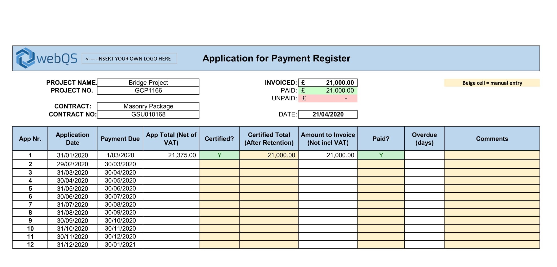 Progress Payment Payment Schedule Excel Template WebQS