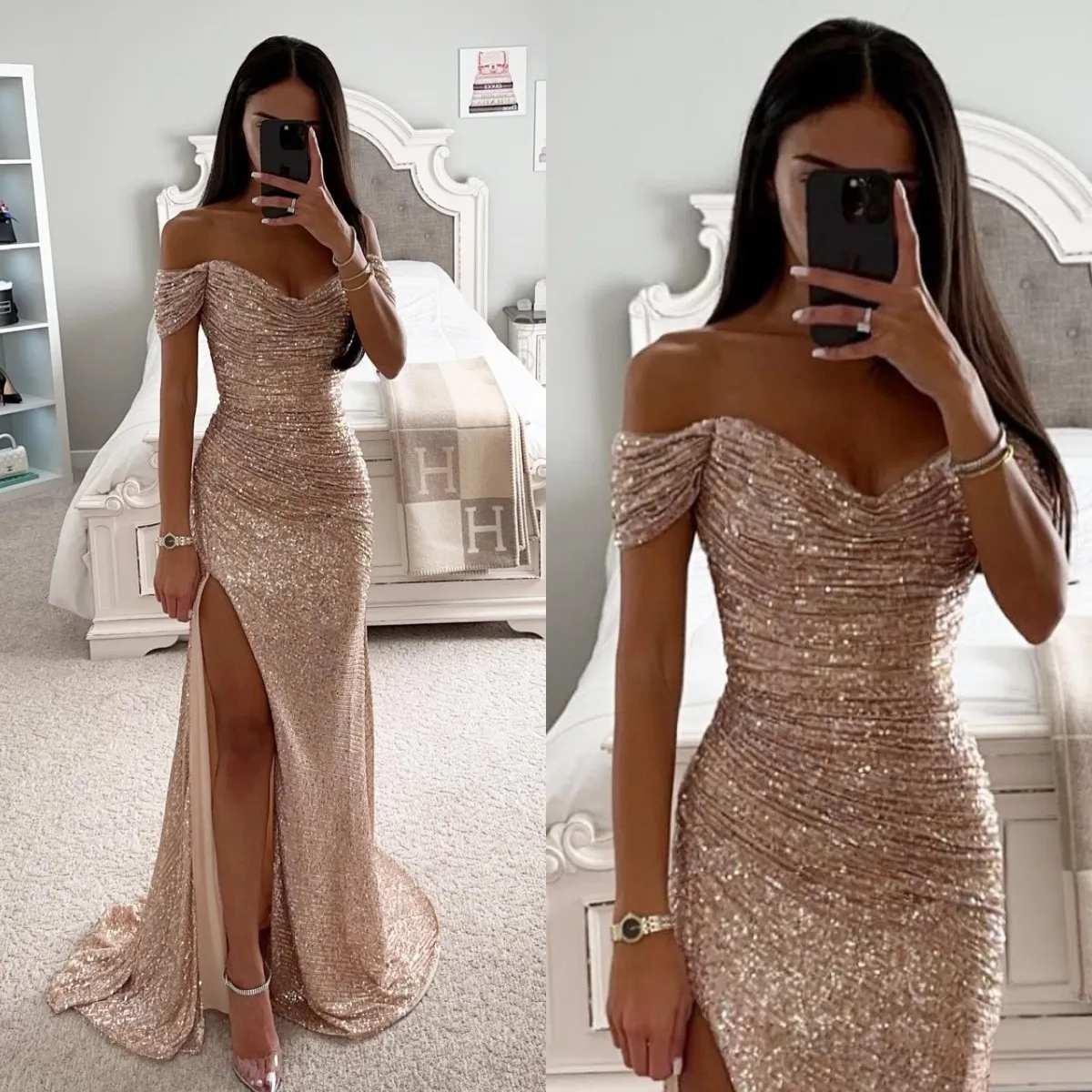 Prom Dresses Champagne Elegant Off Shoulder Glitter Sequins Evening Dress With Pleats And Split For Formal Occasions