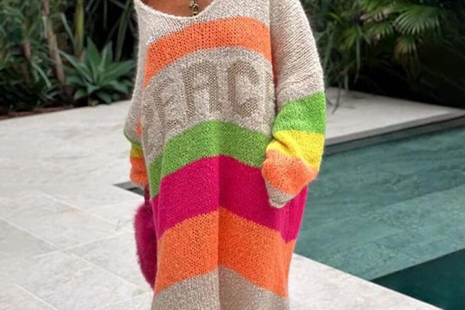 QIGUANDZ Women Trendy Oversized Sweater Dress Peace Letter Print Color Block Midi Dresses V Neck Long Sleeve Casual Knit Robe Khaki At Amazon Women s Clothing Store