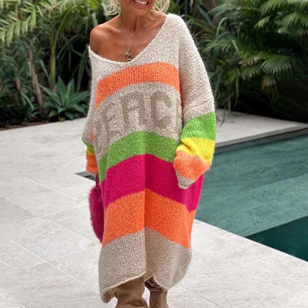 QIGUANDZ Women Trendy Oversized Sweater Dress Peace Letter Print Color Block Midi Dresses V Neck Long Sleeve Casual Knit Robe Khaki At Amazon Women s Clothing Store