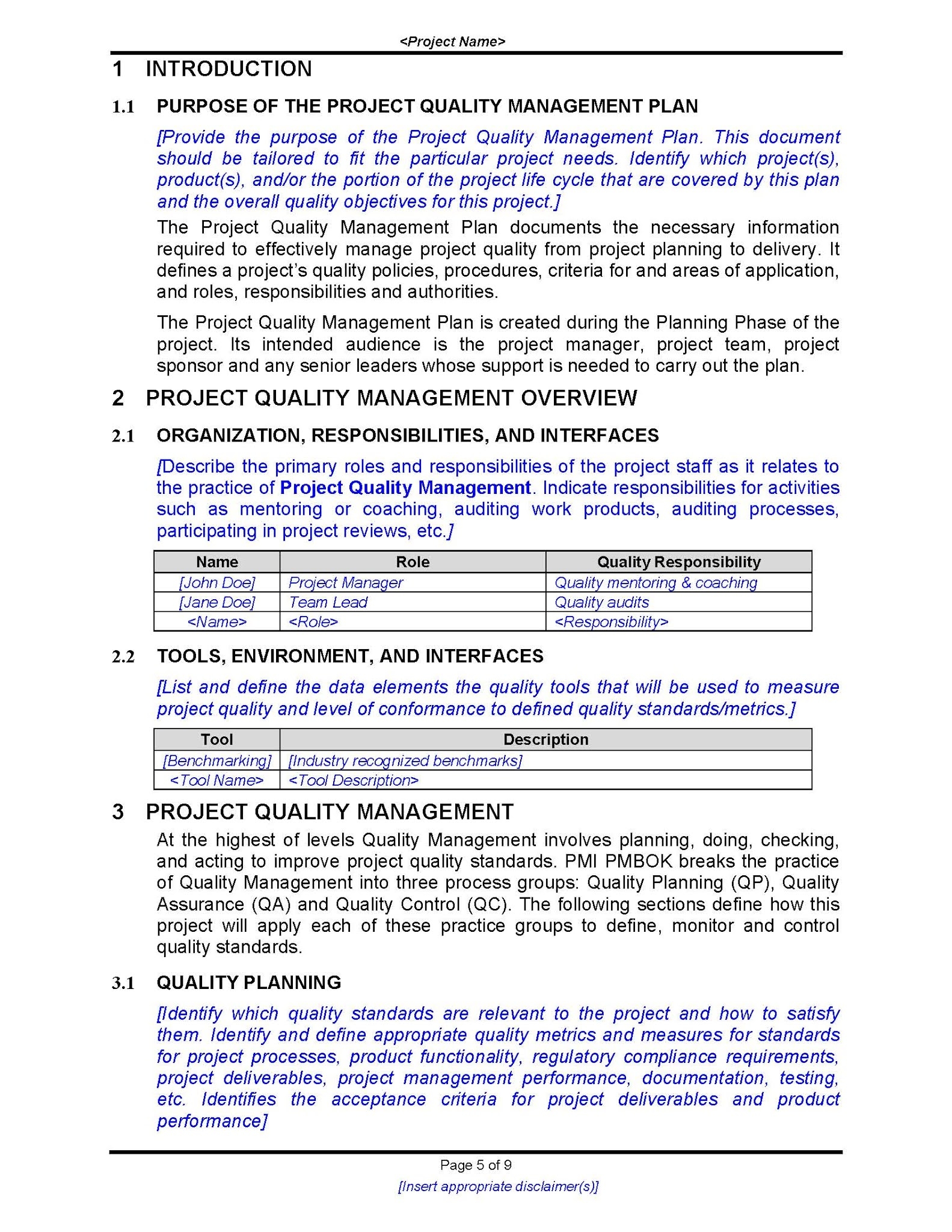 Quality Management Plan Template Free Download
