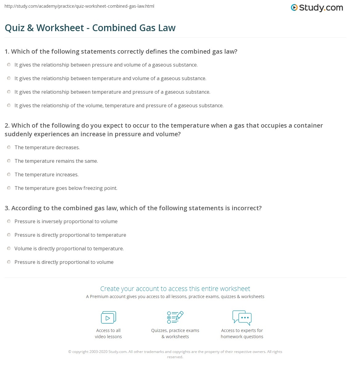 Quiz U0026 Worksheet Combined Gas Law Study