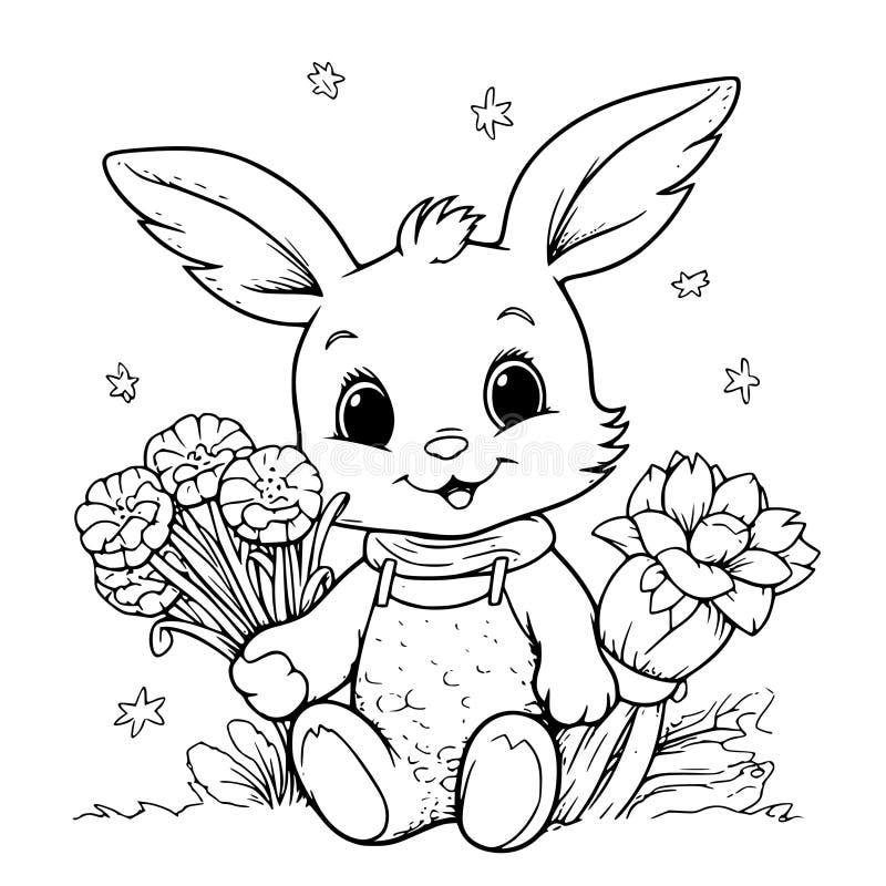 Rabbit With A Bouquet Coloring Page Drawing For Kids Stock Vector Illustration Of Sketch Carrot 285296873