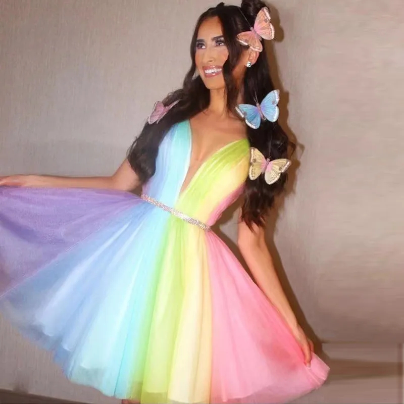 Rainbow Ruched Tulle Puffy Cocktail Dress With Crystal Belt 