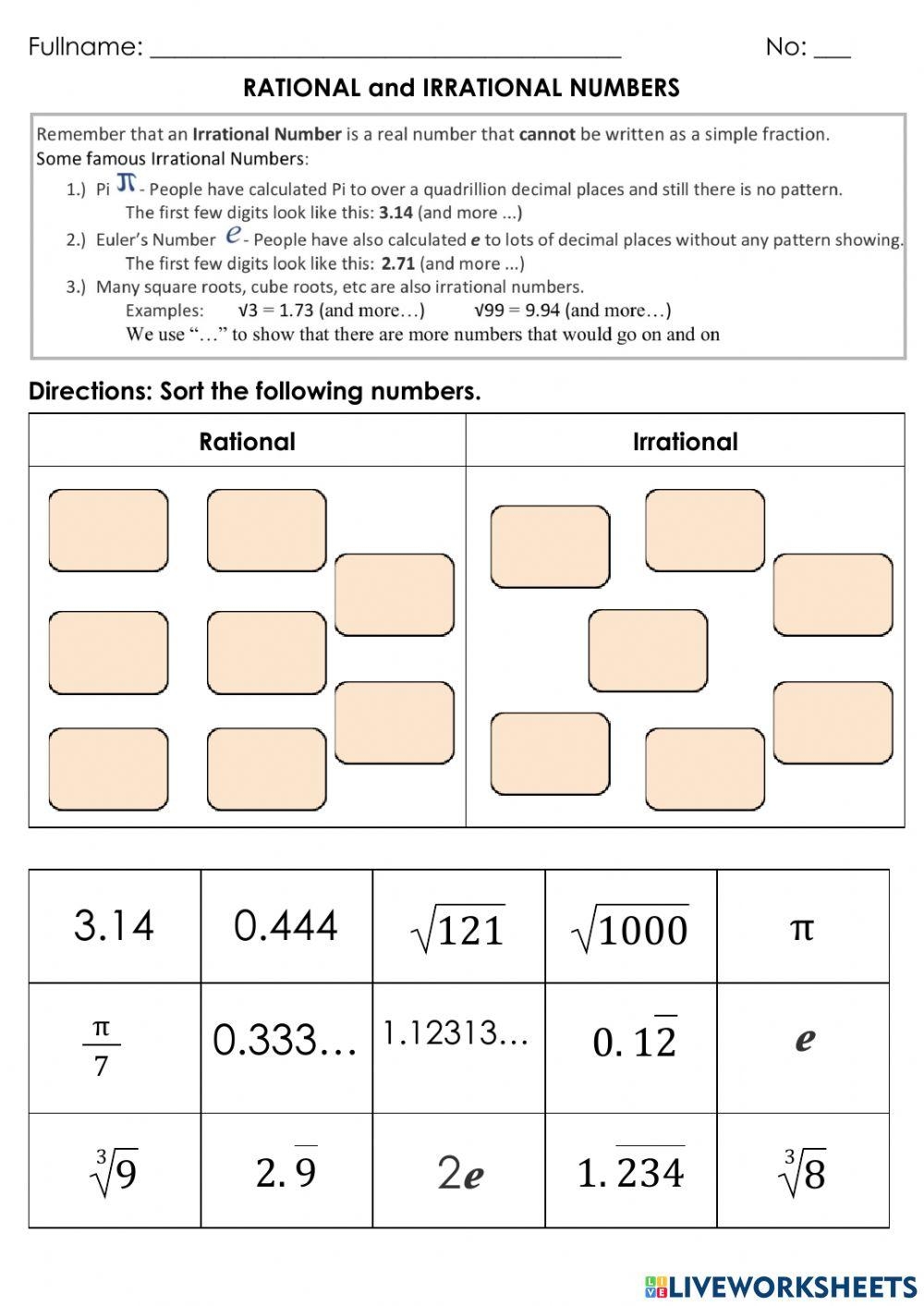 Rational And Irrational Numbers Exercise Live Worksheets Worksheets Library