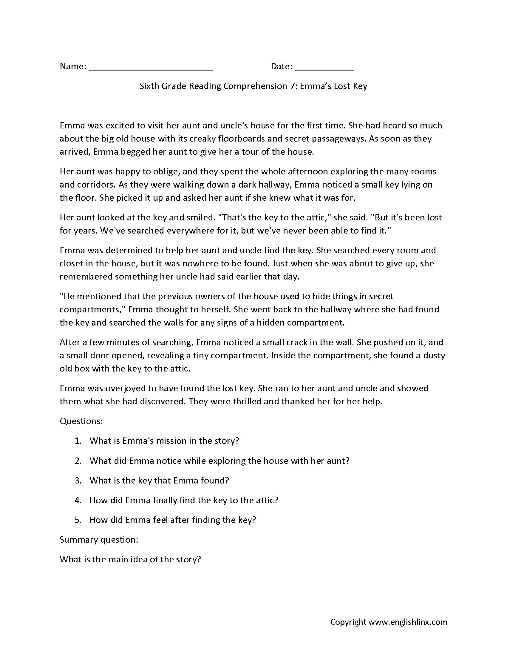 6th grade reading comprehension worksheets