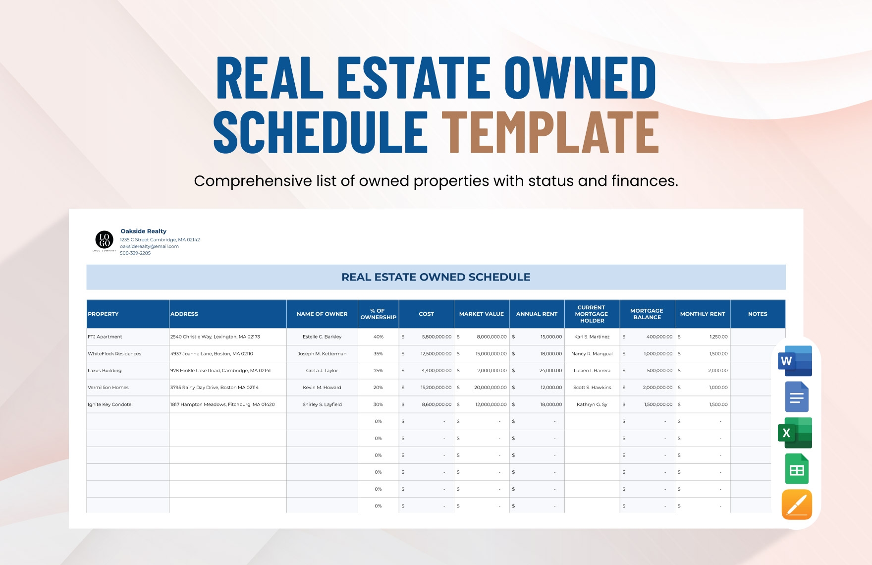 Real Estate Owned Schedule Template In Word Google Docs Apple 