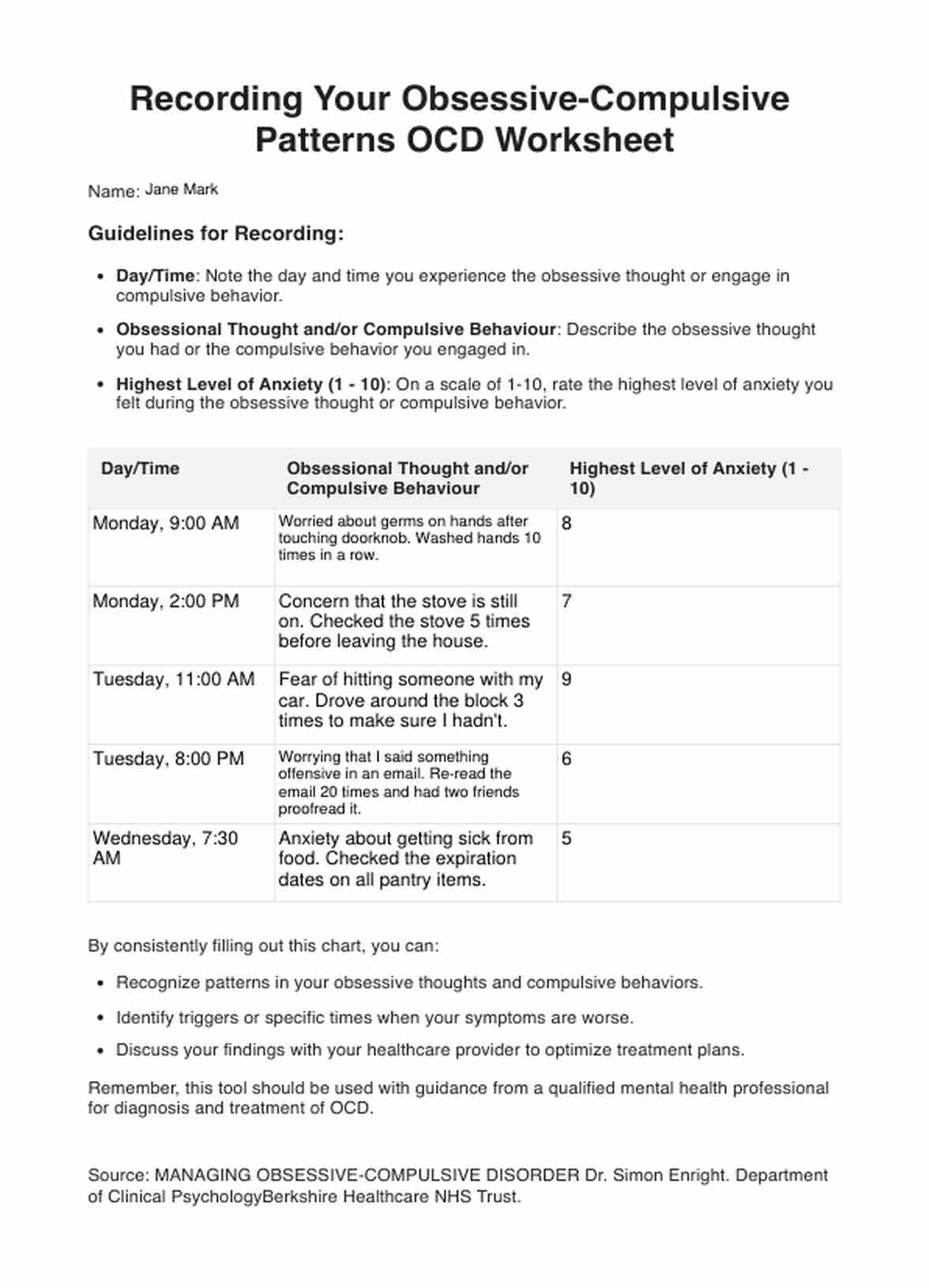 Recording Your Obsessive Compulsive Patterns OCD Worksheet 