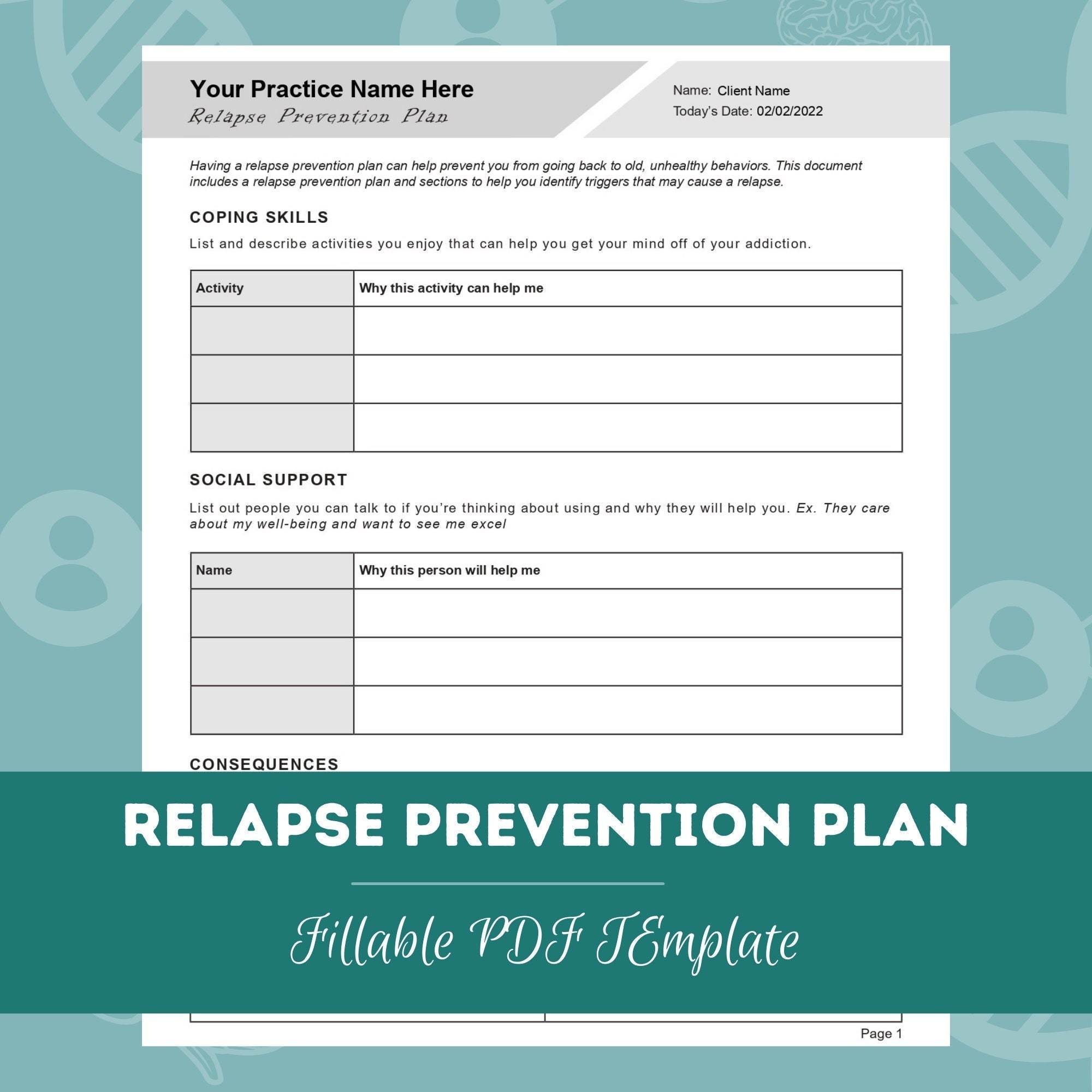 Relapse Prevention Plan Worksheet Editable Fillable PDF For Counselors Psychologists Psychiatrists Social Workers Therapists Etsy UK