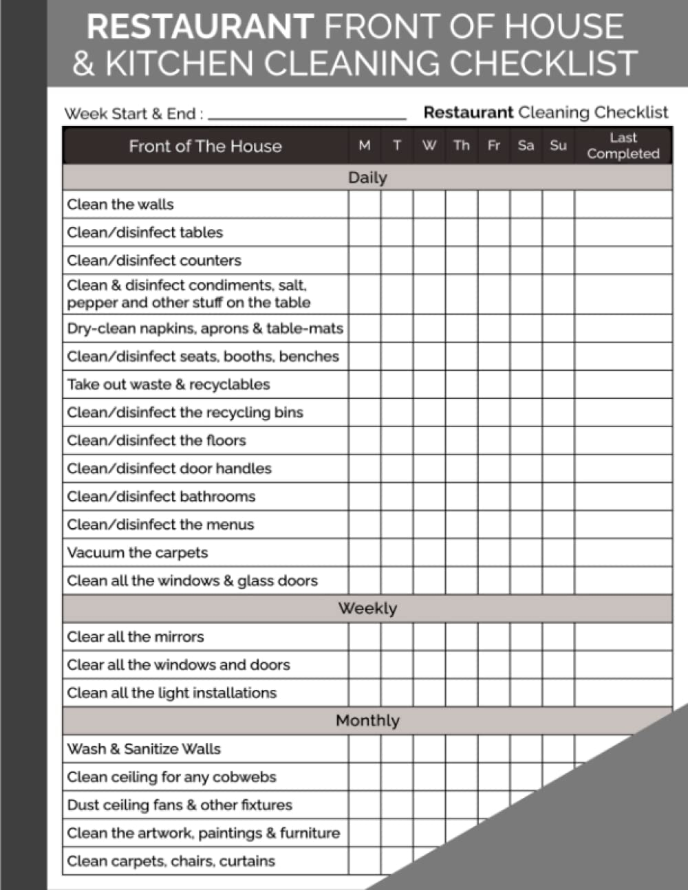 Restaurant Front Of House U0026 Kitchen Cleaning Checklist Daily Weekly U0026 Monthly Books Club Top Restro Amazon Books