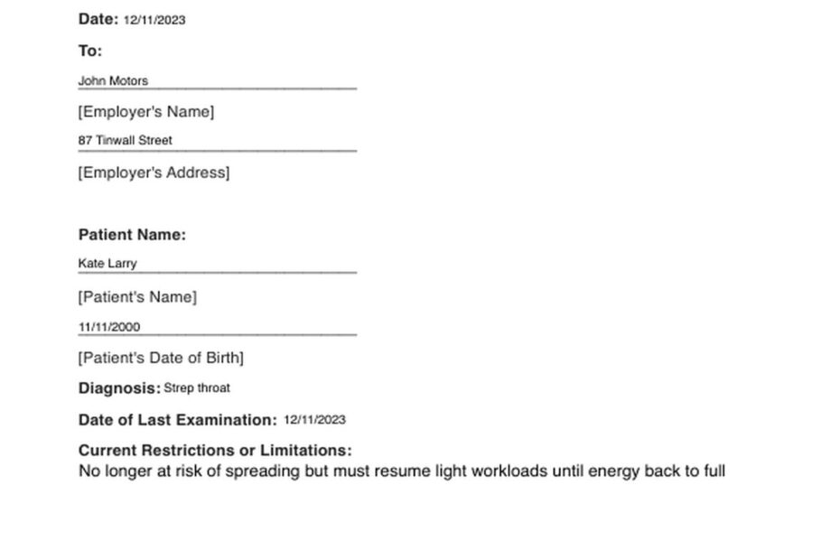 Return To Work Doctors Note Template U0026 Example Free PDF Download