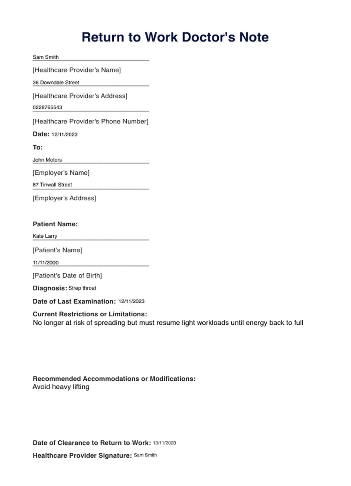 Return To Work Doctors Note Template U0026 Example Free PDF Download