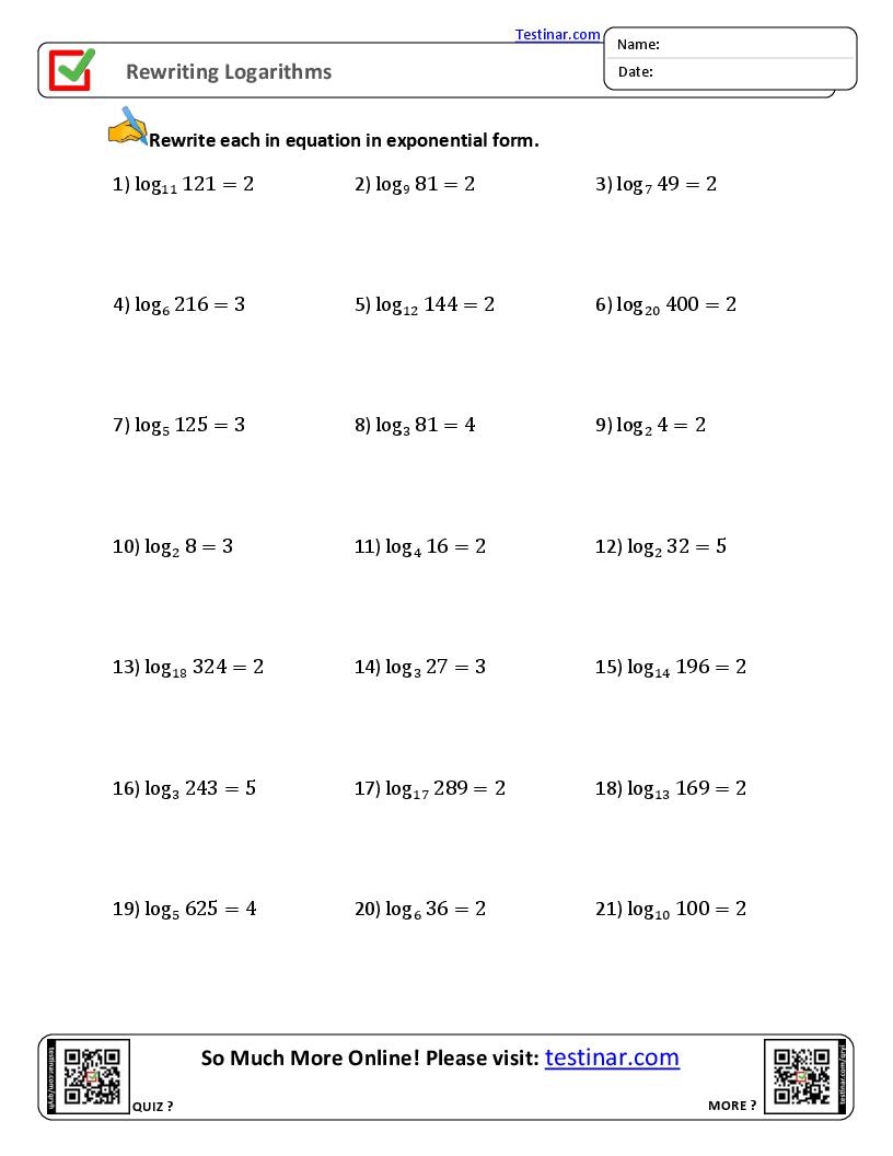 Rewriting Logarithms Worksheets
