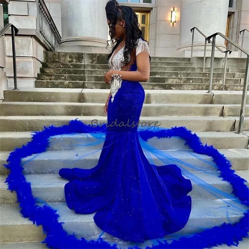Royal Blue Feather Prom Dresses Black Mermaid Gown For Elegant Evenings Prom Dresses Style