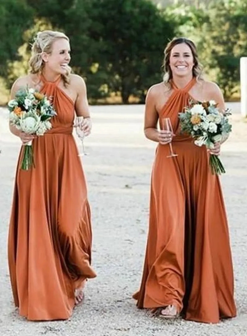Rust Colored Halter Rustic Orange Bridesmaid Dresses With Long Chiffon Skirt And Pleated Detailing Perfect For Country Weddings And Parties From Werbowy 80 6 DHgate Com