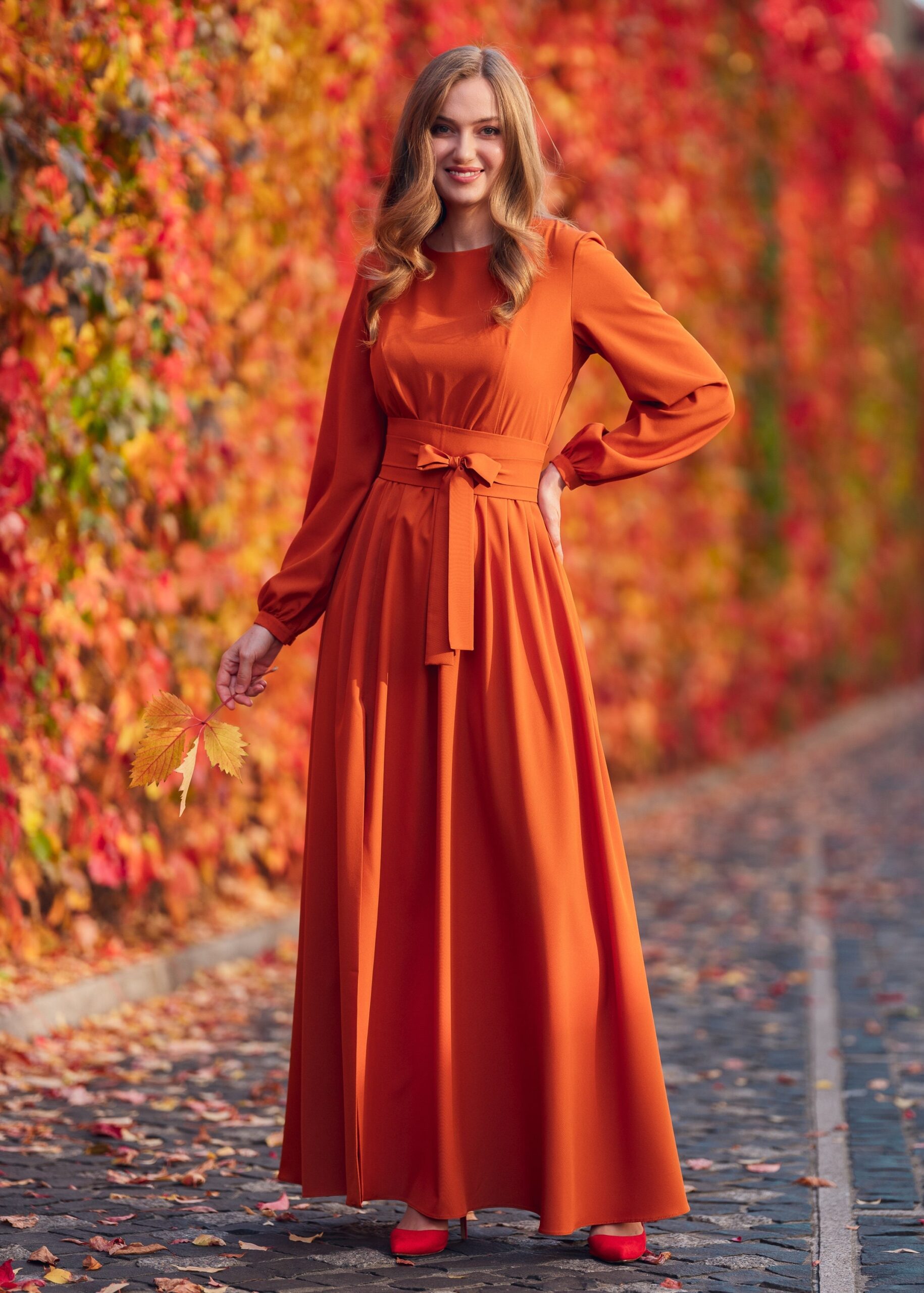 Rust Orange Long Slit Dress With Belt Bridesmaid Dress Cocktail Dress Wedding Guest Dress Maxi Party Dress Formal Dress Prom Dress