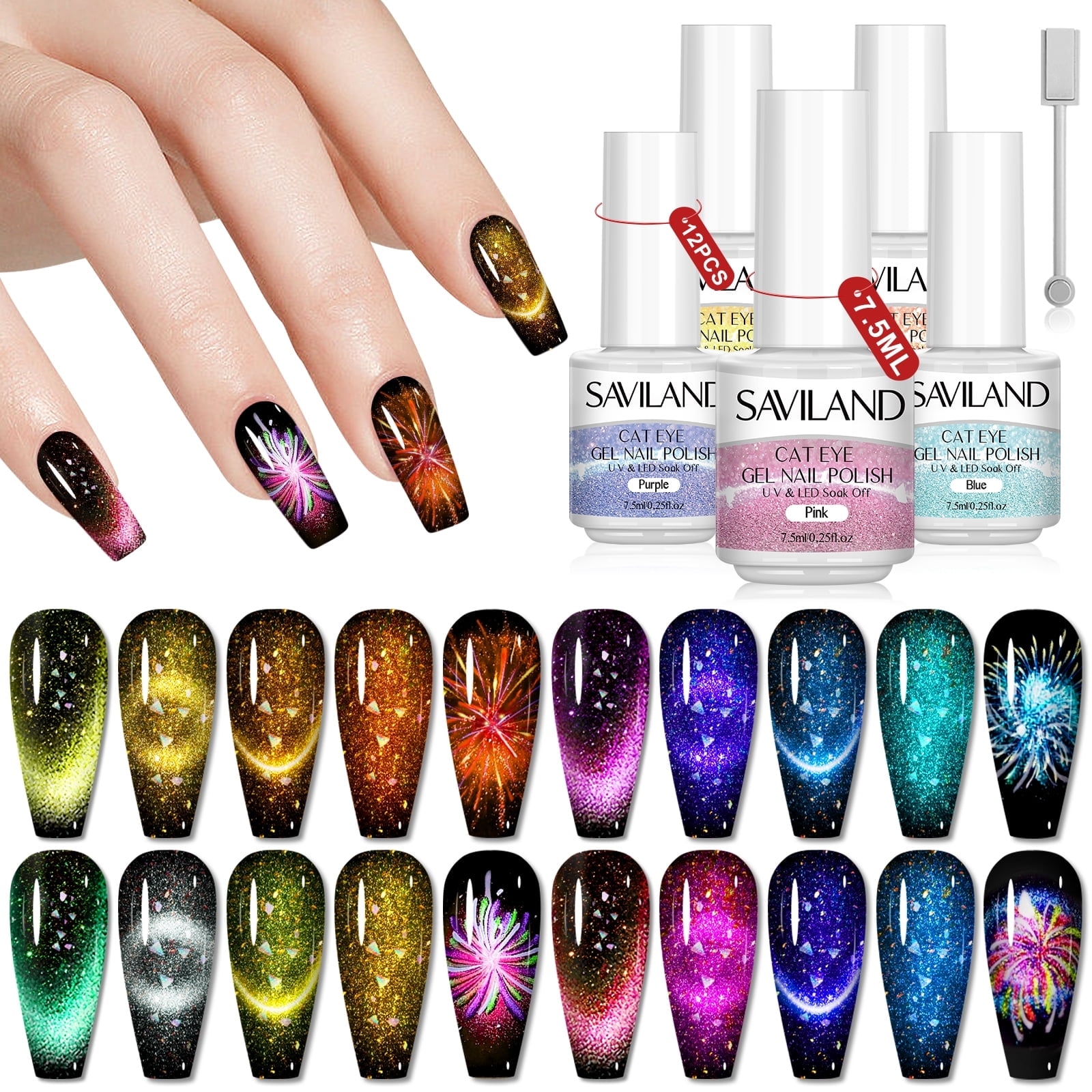 Saviland Cat Eye Gel Nail Polish Set 12 Colors Magnetic Sparkle Glitter Effect Gel Nail Polish Kit U V LED Soak Off