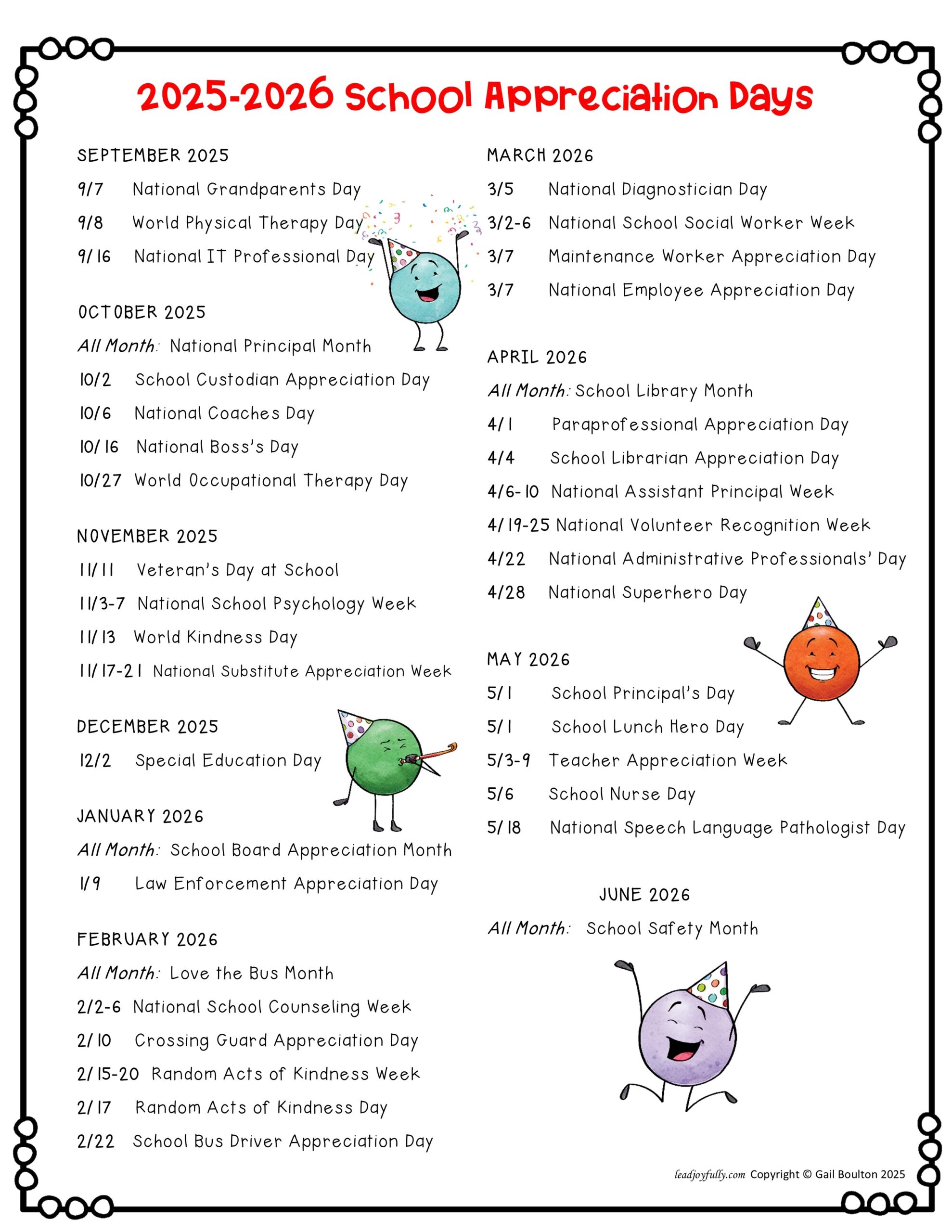 2024-2025 school appreciation days printable