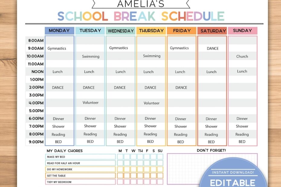 School Break Schedule Weekly Schedule Layout Kids Tweens