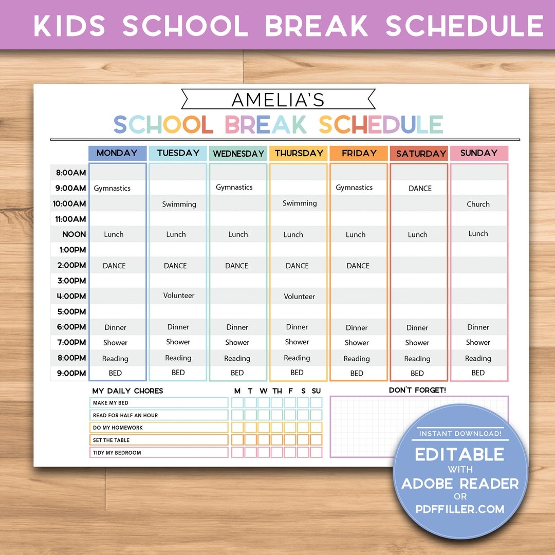 School Break Schedule Weekly Schedule Layout Kids Tweens U0026 Teens Weekly Planner Spring Break Summer Vacation Chart Etsy
