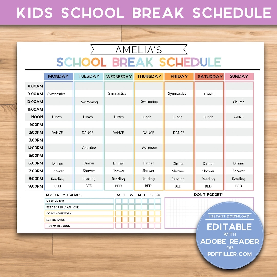 School Break Schedule Weekly Schedule Layout Kids Tweens 