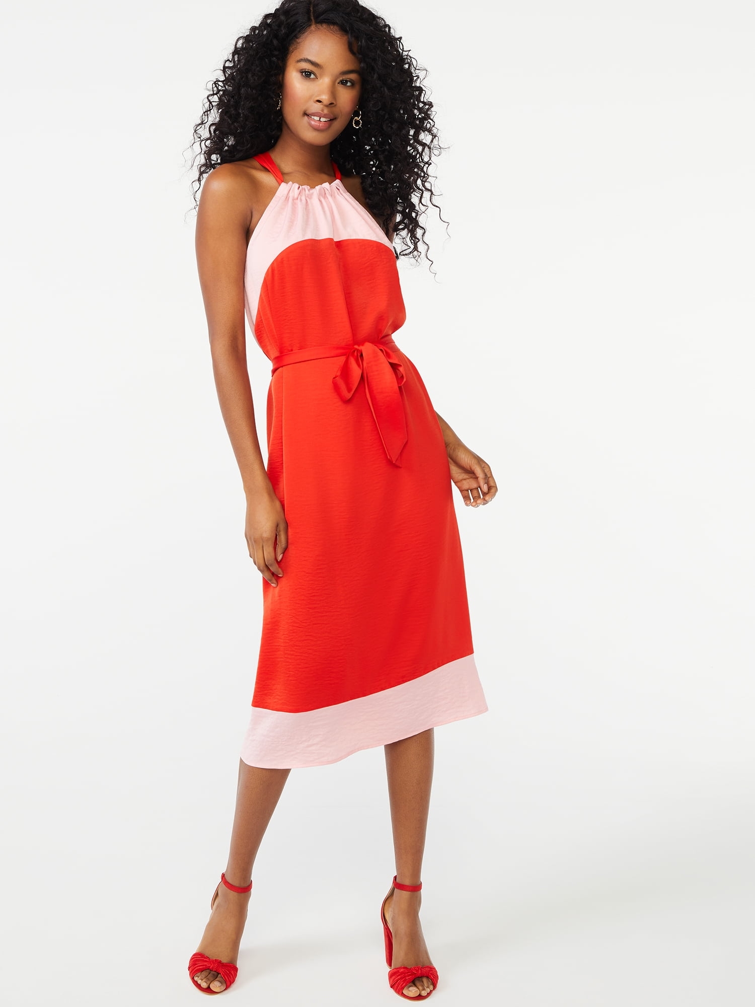 Scoop Women s Halter Top Color Block Midi Dress With Tie At Waist Walmart