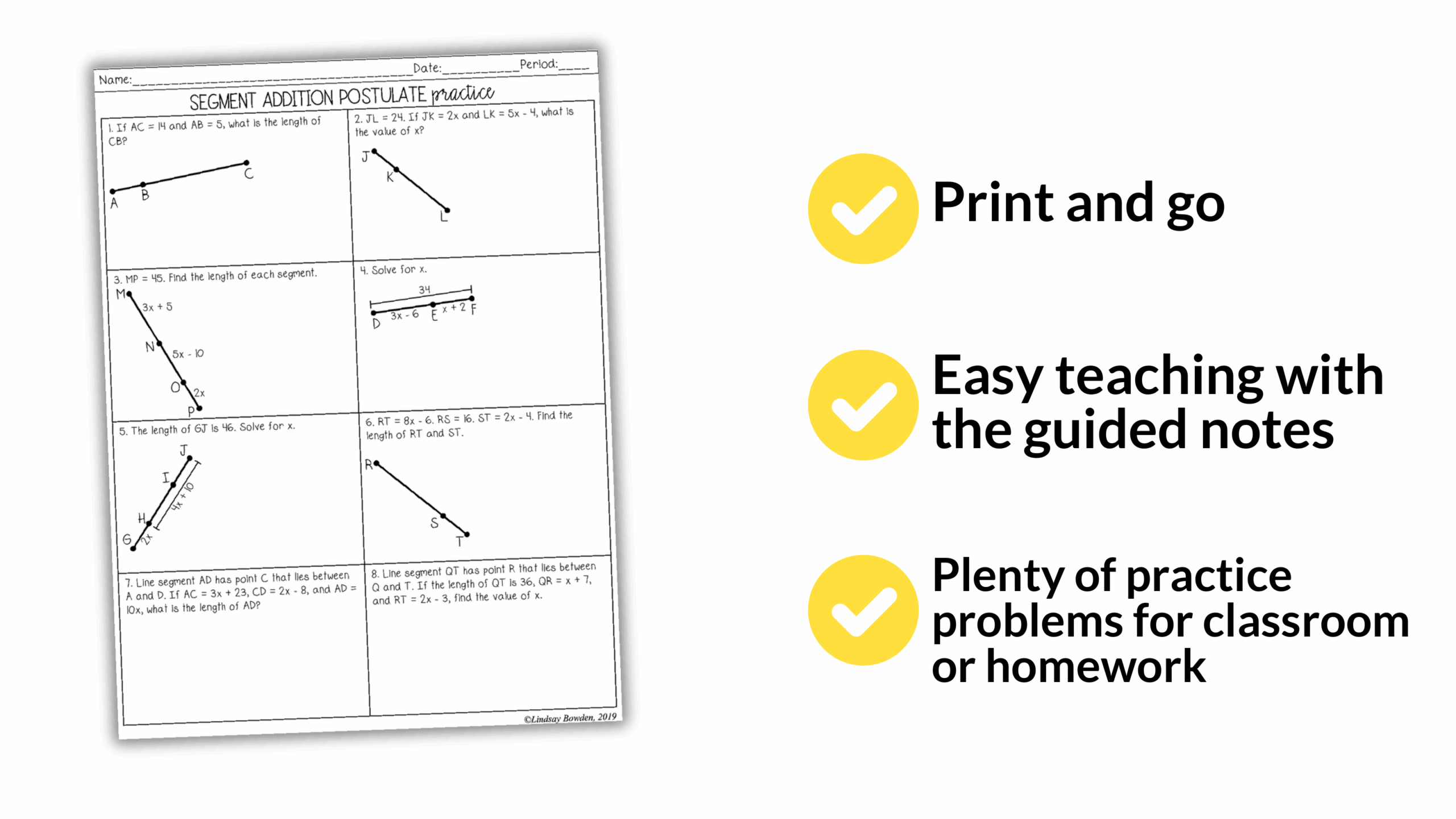 Segment And Angle Addition Postulates Notes And Worksheets 9th 11th Geometry Lindsay Bowden
