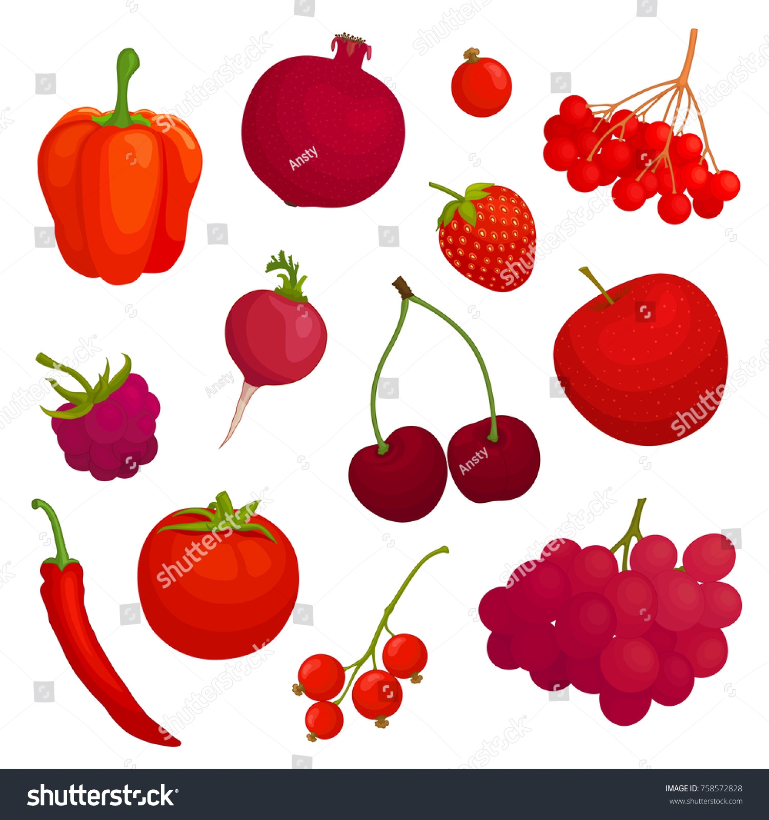 Set Fruits Vegetables Red Color Vector Stock Vector Royalty Free 
