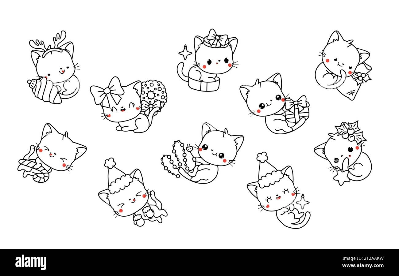 Set Of Kawaii Christmas Cat Coloring Page Collection Of Cute Vector Christmas Kitten Outline Stock Vector Image U0026 Art Alamy