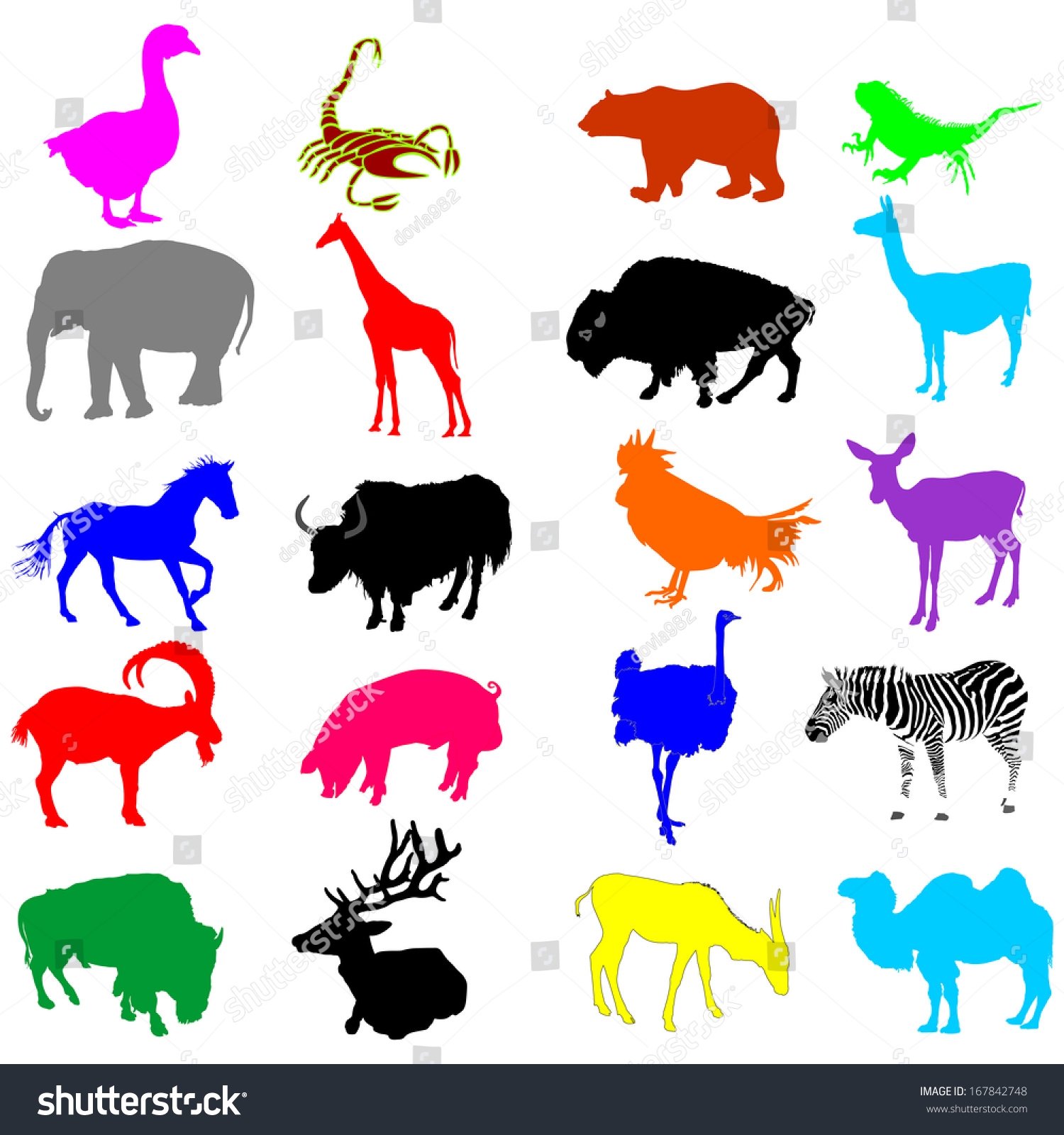 Set Twenty Animal Different Color Silhouette Stock Vector Royalty Free 167842748 Shutterstock