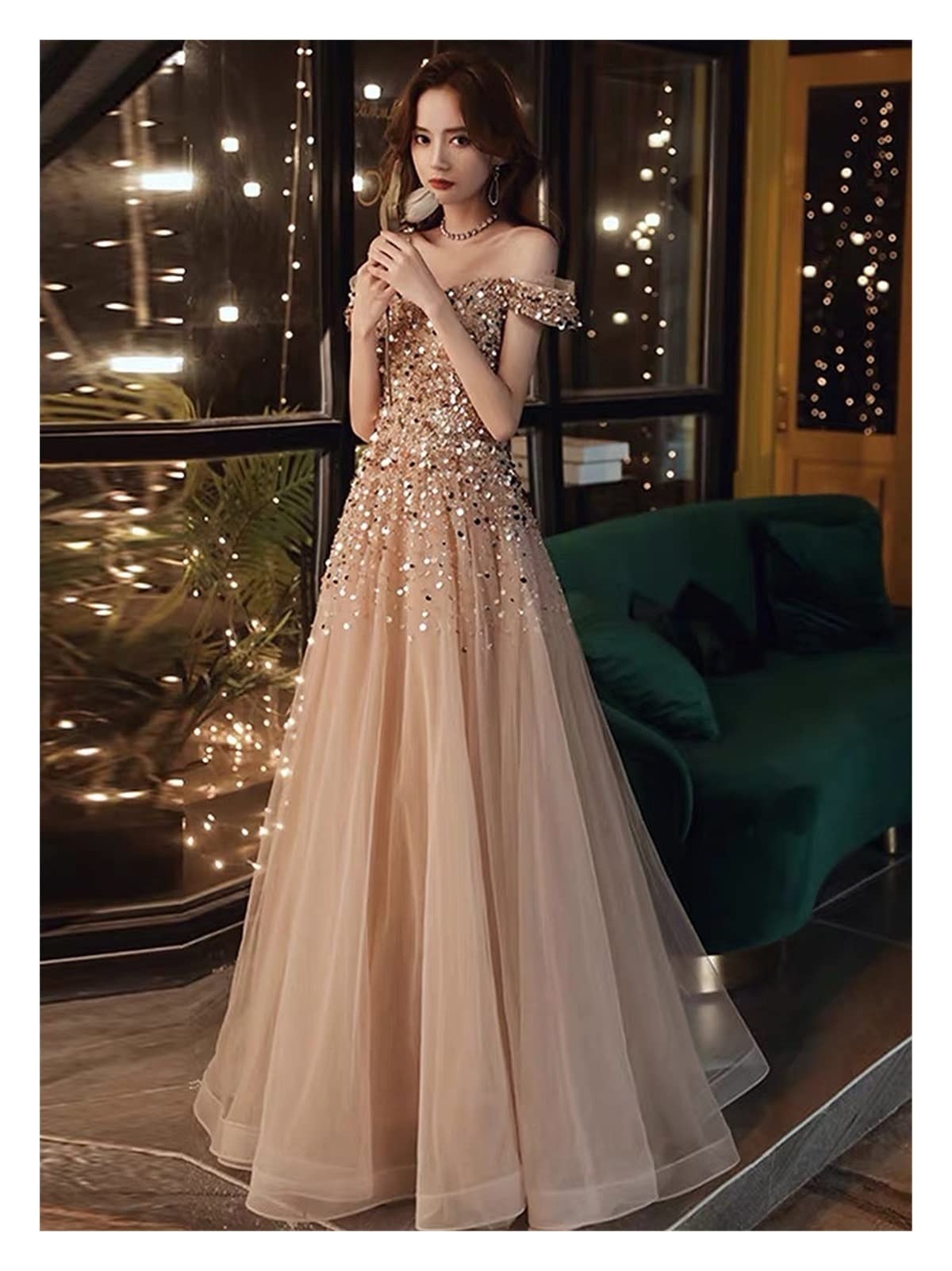 Sexy Champagne Gold Evening Dresses A Line Off Shoulder Sequins Beading Long Wedding Formal Guests Party Prom Gowns Color Champagne Gold US Size 4 Amazon co uk Fashion