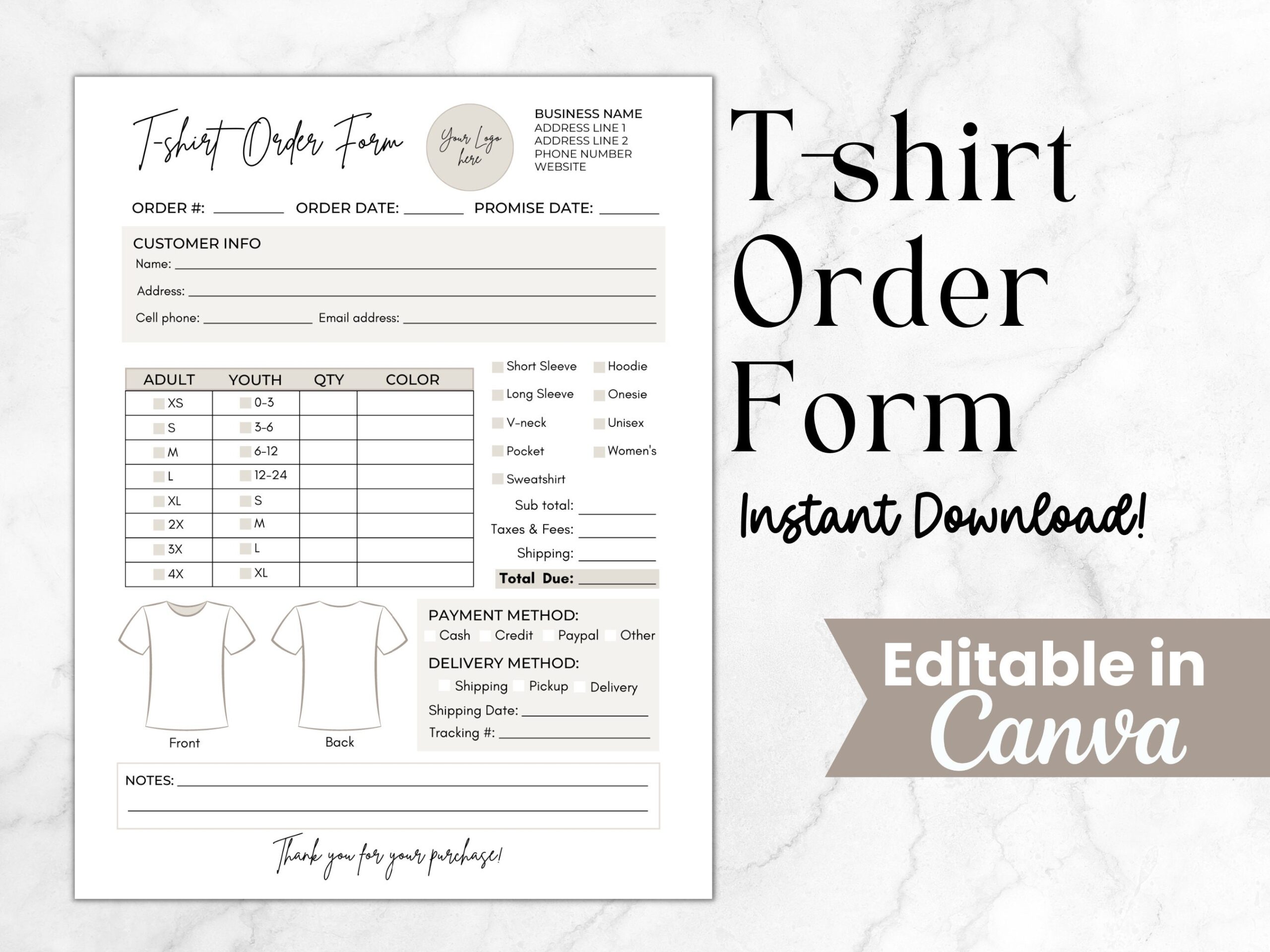 Shirt Order Form Template Custom T shirt Order Form Tshirt Invoice Tracker Editable Order Form Printable For T shirts Canva Template Etsy