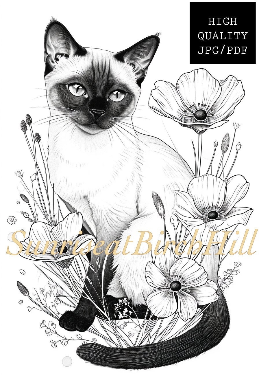 Siamese Cat Coloring Page sheet Adult teen Printable Coloring Page Of Pet Siamese Kitten Breed Insta Download Kids Mental Health Etsy
