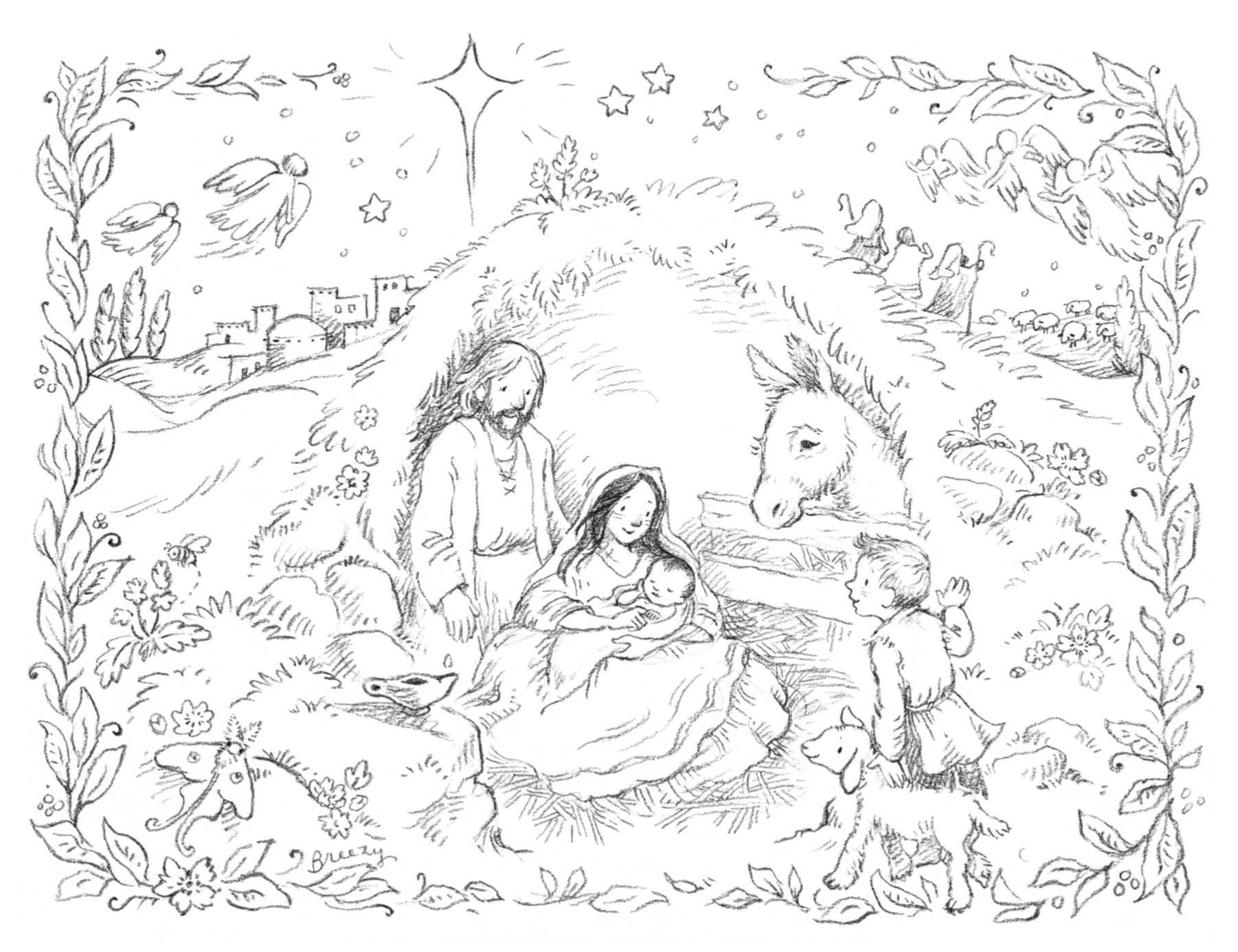 Silent Night Nativity Scene Coloring Page For Christmas Storybook Style Illustration For Children Etsy Australia