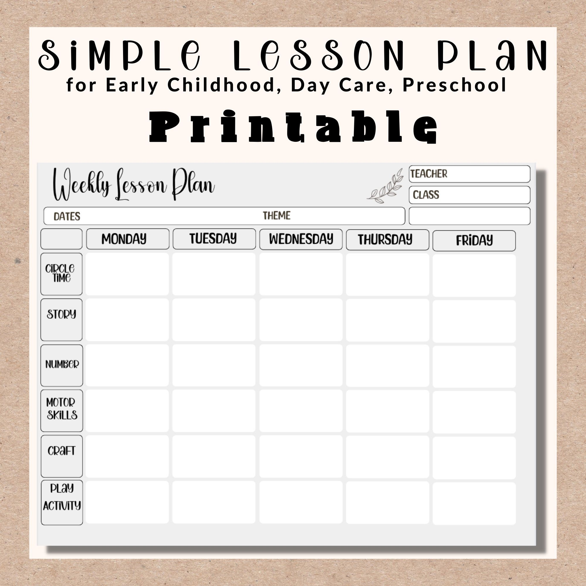 Simple Weekly Lesson Plan Template preschool prek Kindergarten daycare instant Download pdf printable Early Childhood Lesson Plan Template Etsy