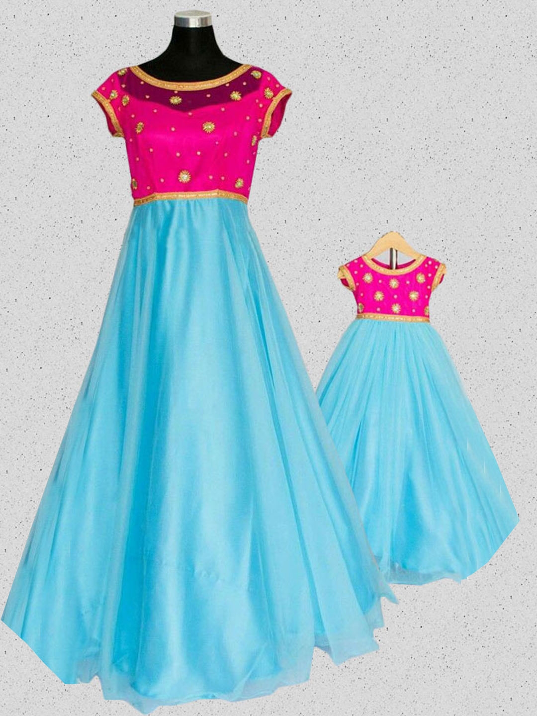 Sky Blue And Pink Net Mother Daughter Combo
