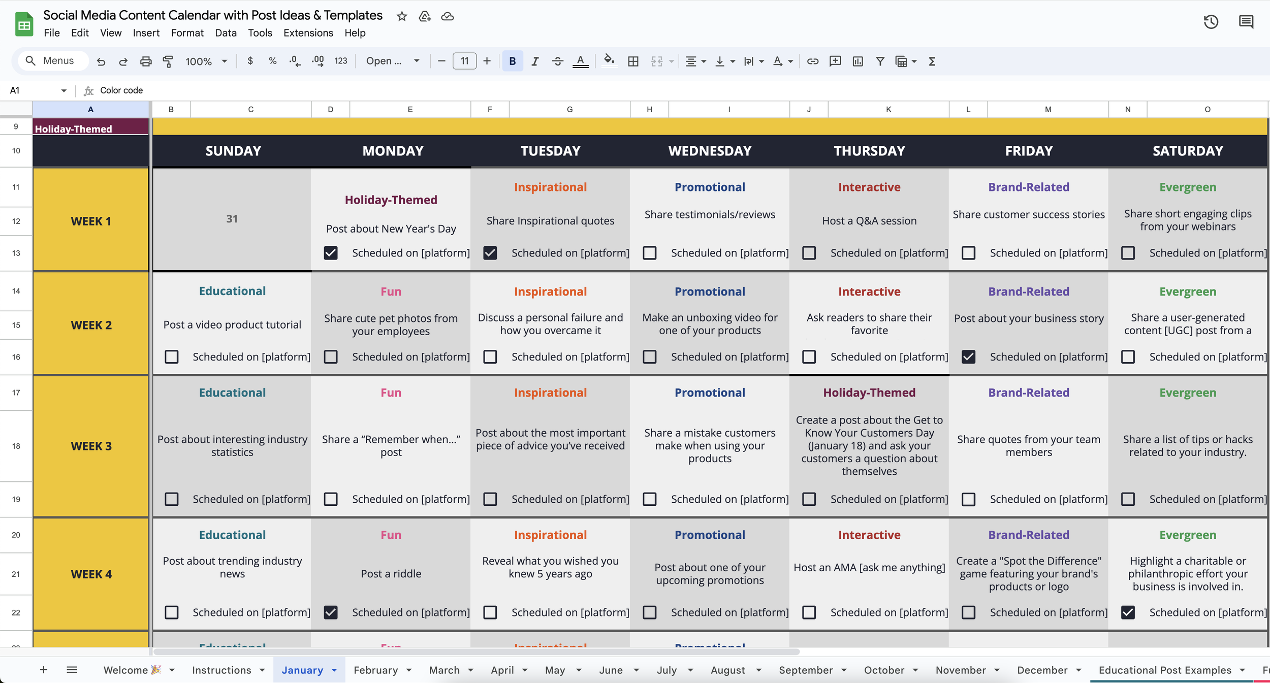 Social Media Calendar Template Google Sheets Free Content 