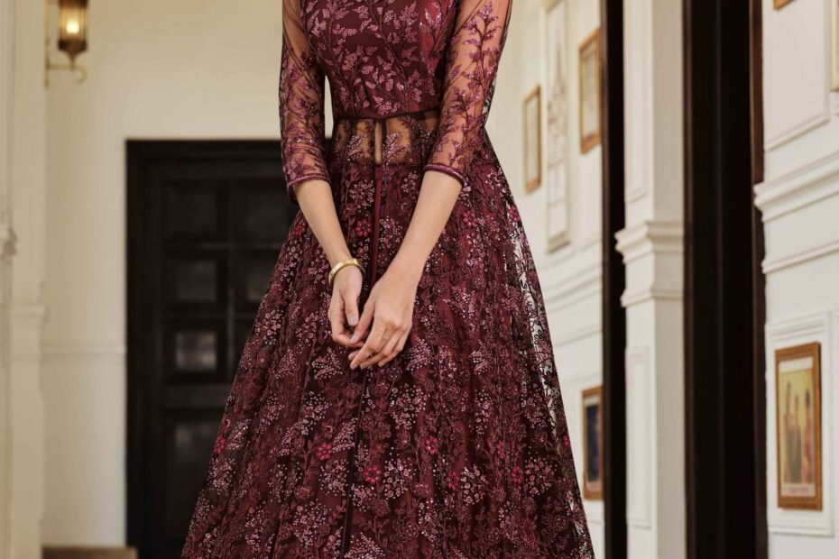 Soft Premium Net Wedding Wear Gown In Maroon Color With Embroidery