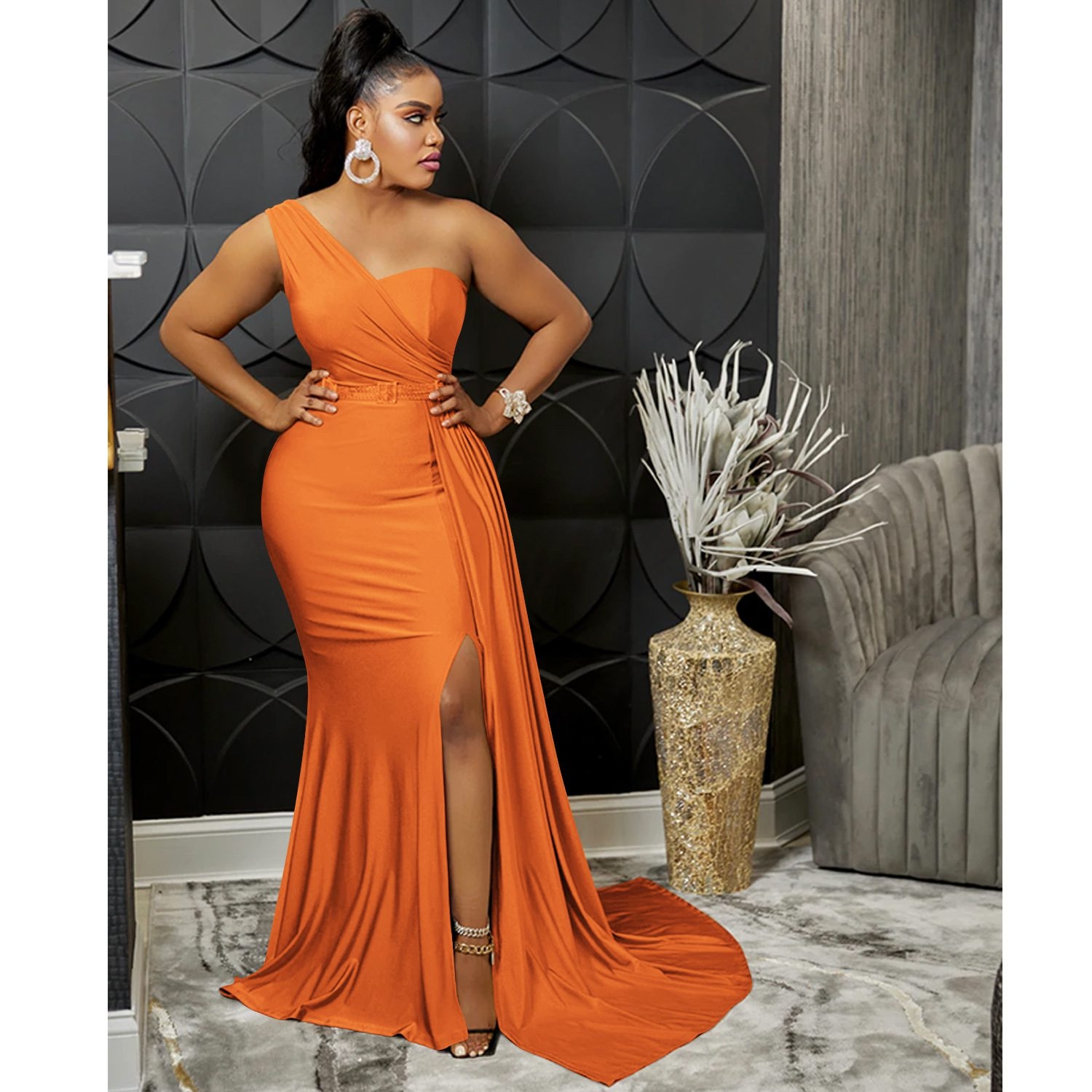 Solid Color Party Tight One Shoulder Sleeve Maxi Dress Uniqistic