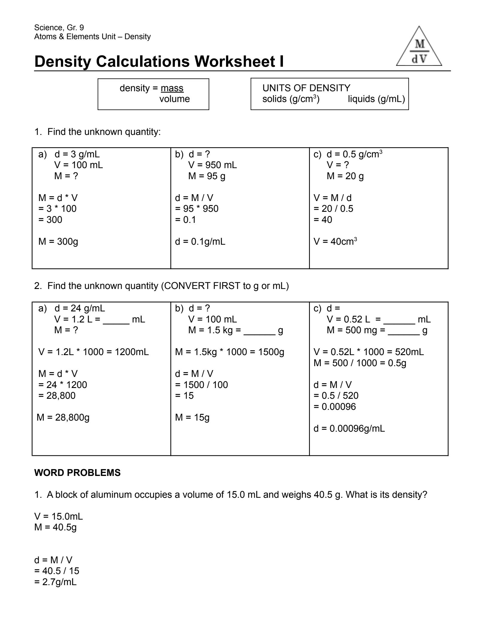 SOLUTION Density Calculations Worksheet 1 Studypool Worksheets Library