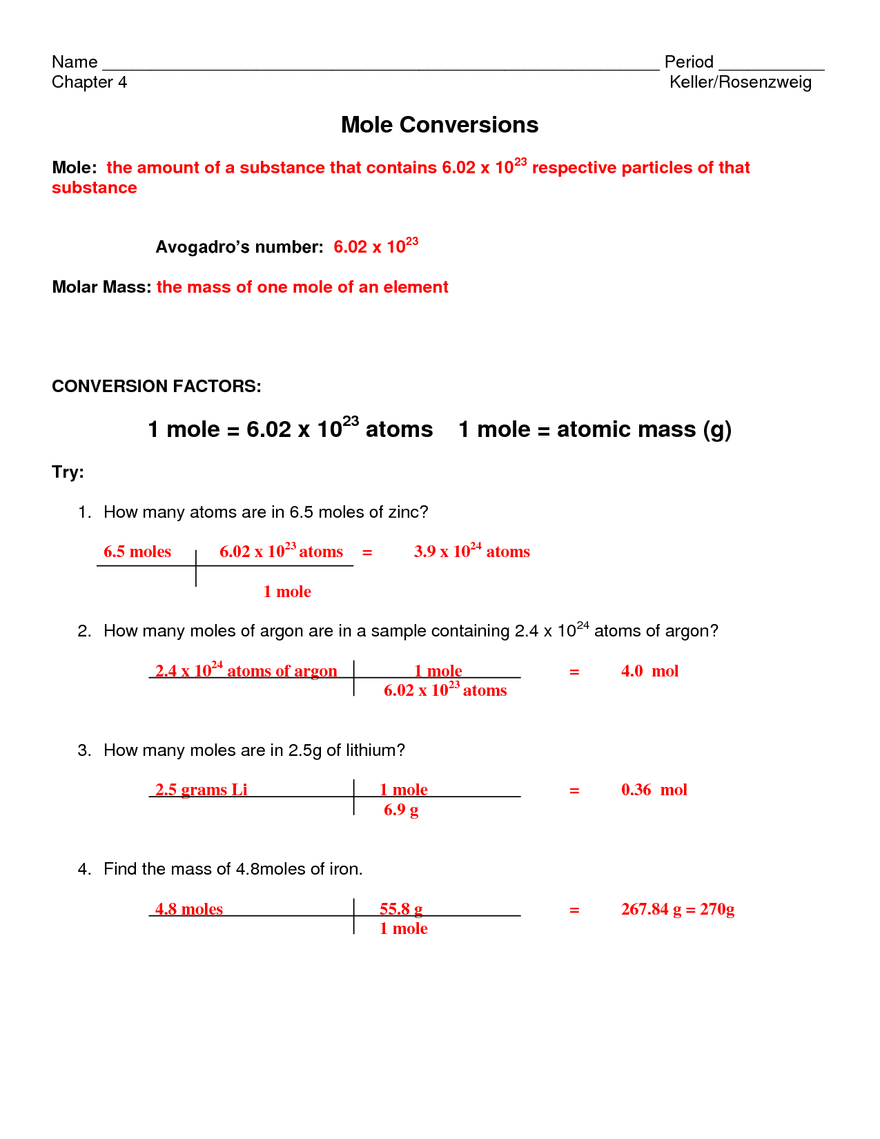SOLUTION Mole Conversion Notes Key Studypool Worksheets Library