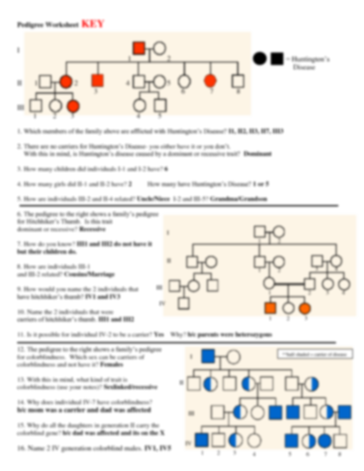 pedigree worksheet answer key