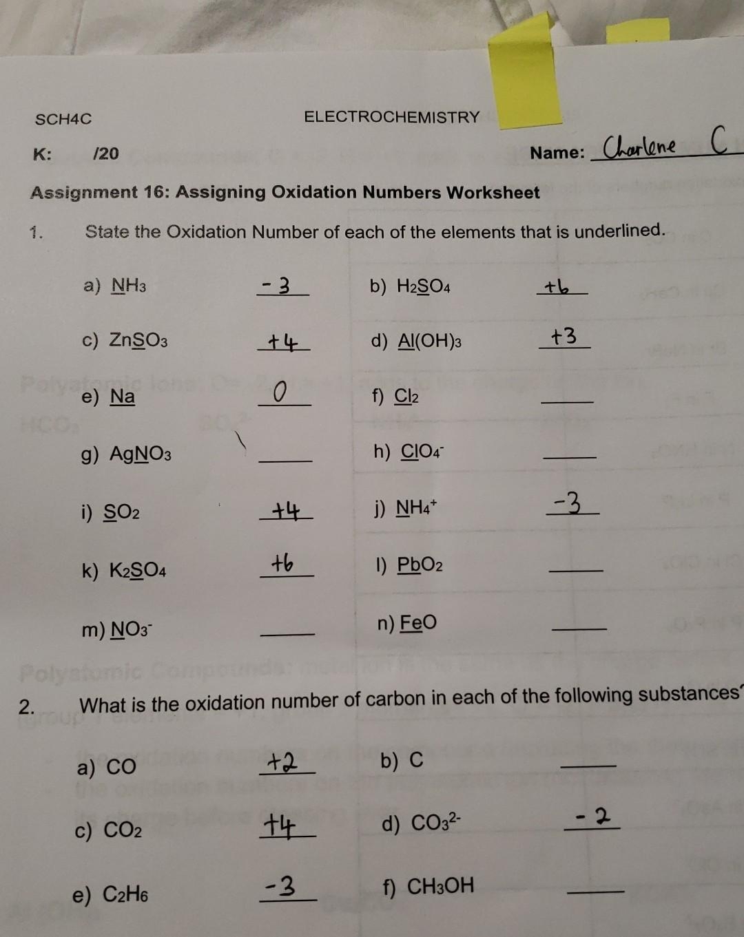Solved SCH4C ELECTROCHEMISTRY K 20 Name Assignment 16 Chegg
