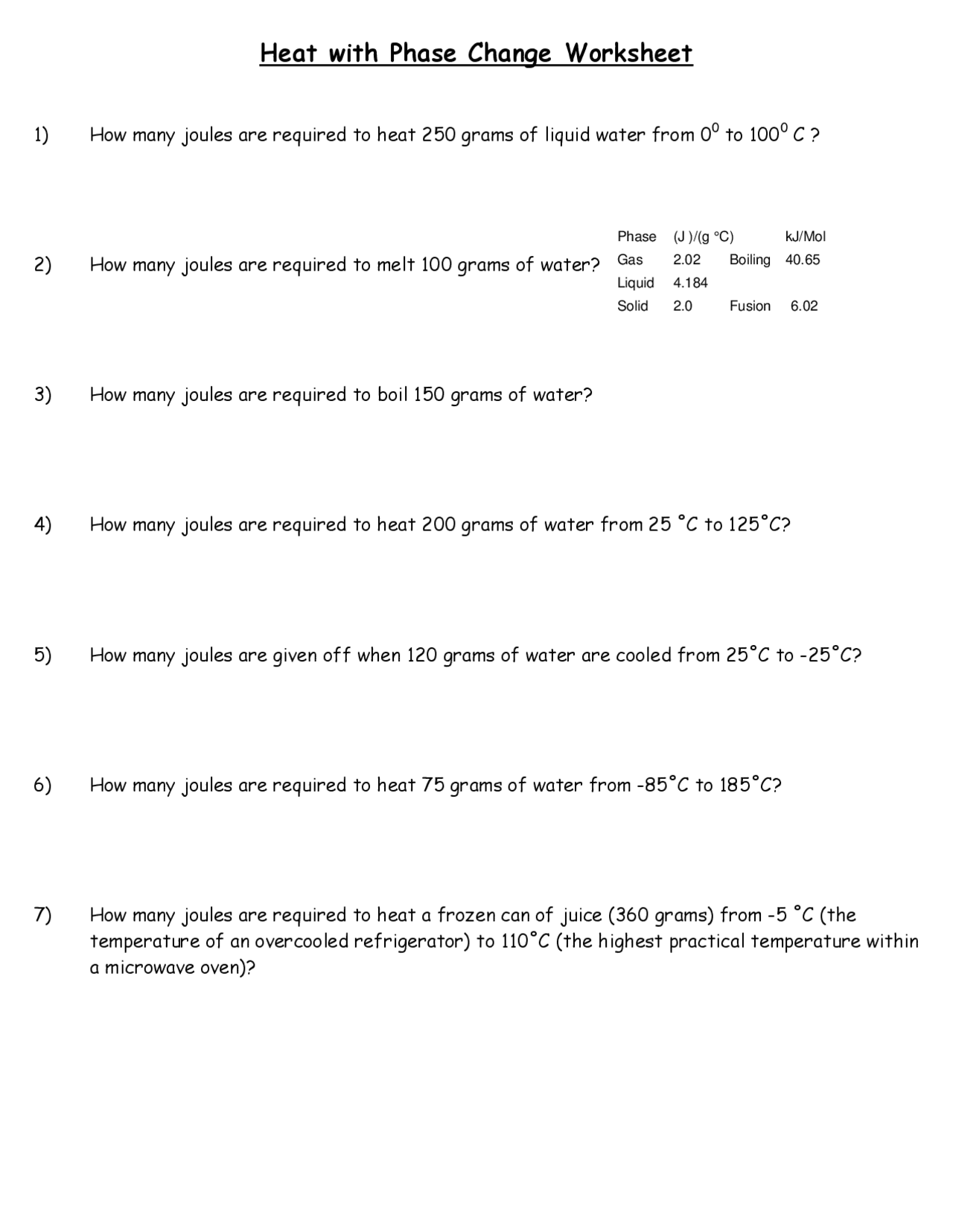 Solved Worksheet On Heat With Phase Change Ejercicios Termodin mica Docsity