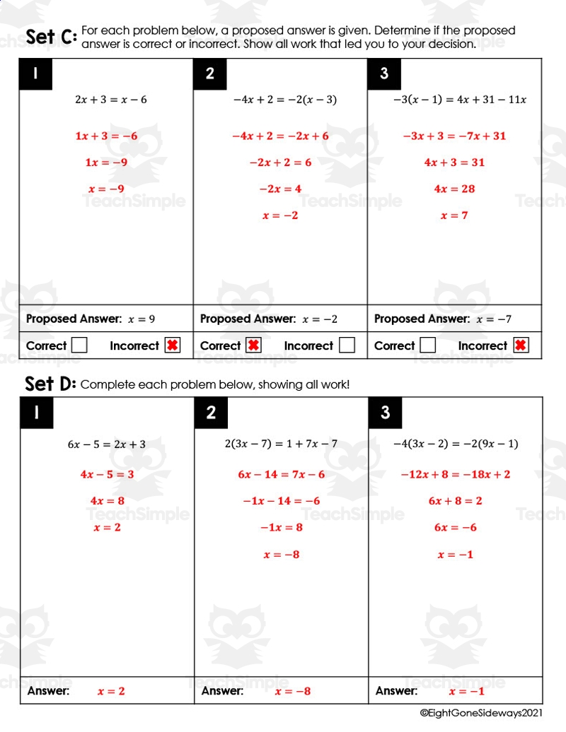 Solving Equations With Variables On Both Sides Leveled Checking Worksheet