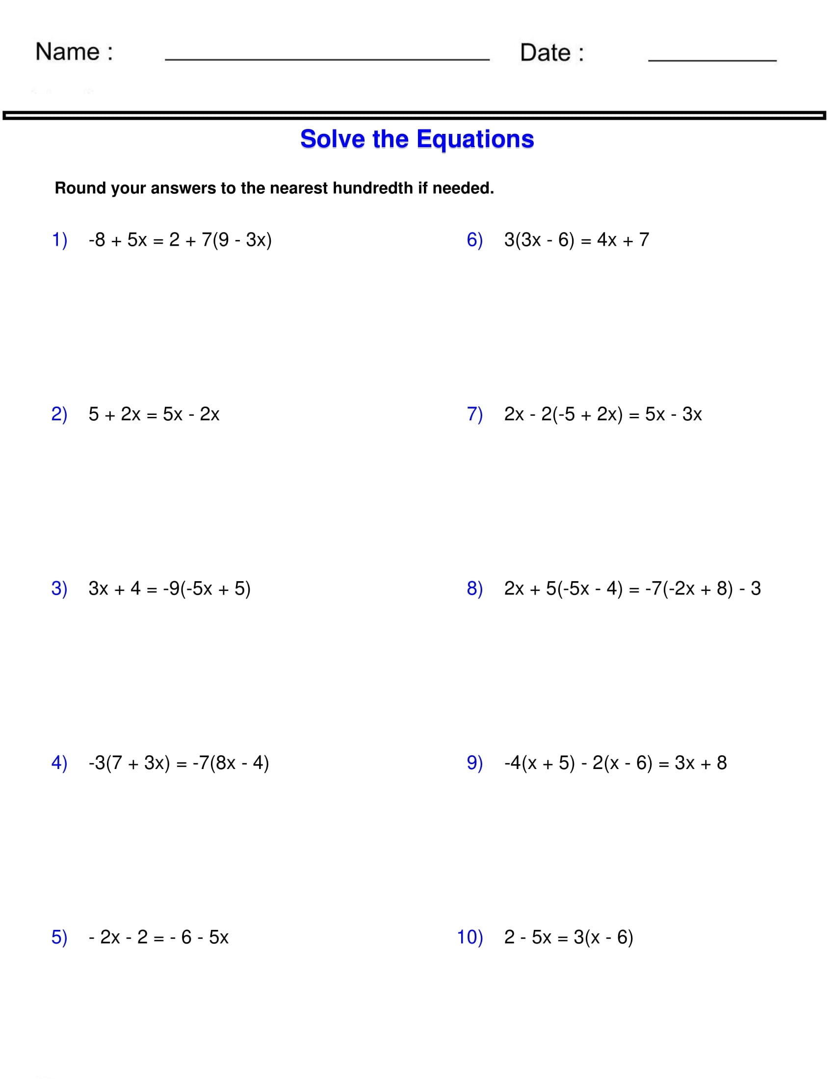 Solving Equations With Variables On Both Sides Worksheet Made By 