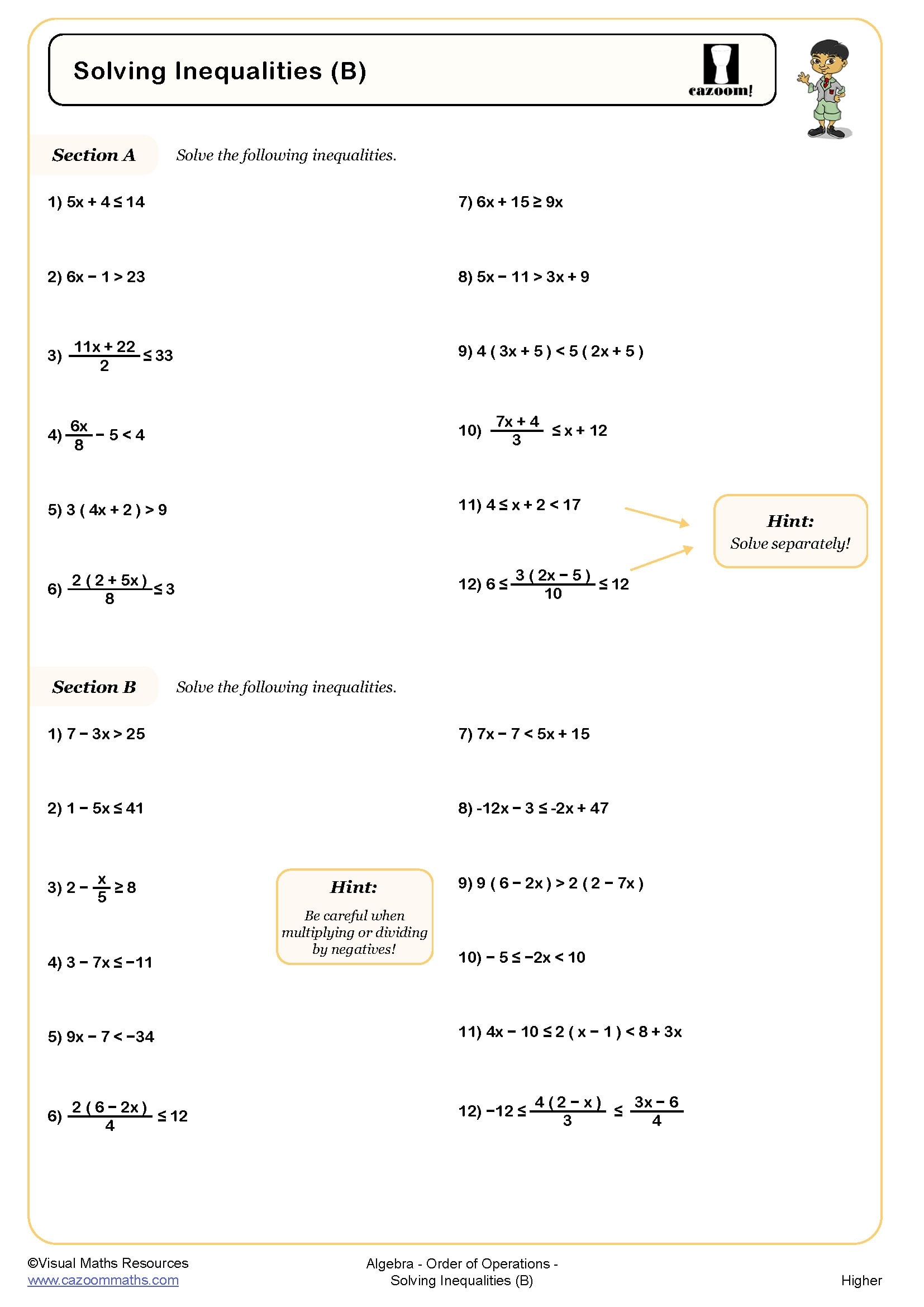 Solving Inequalities B Worksheet Cazoom Maths Worksheets