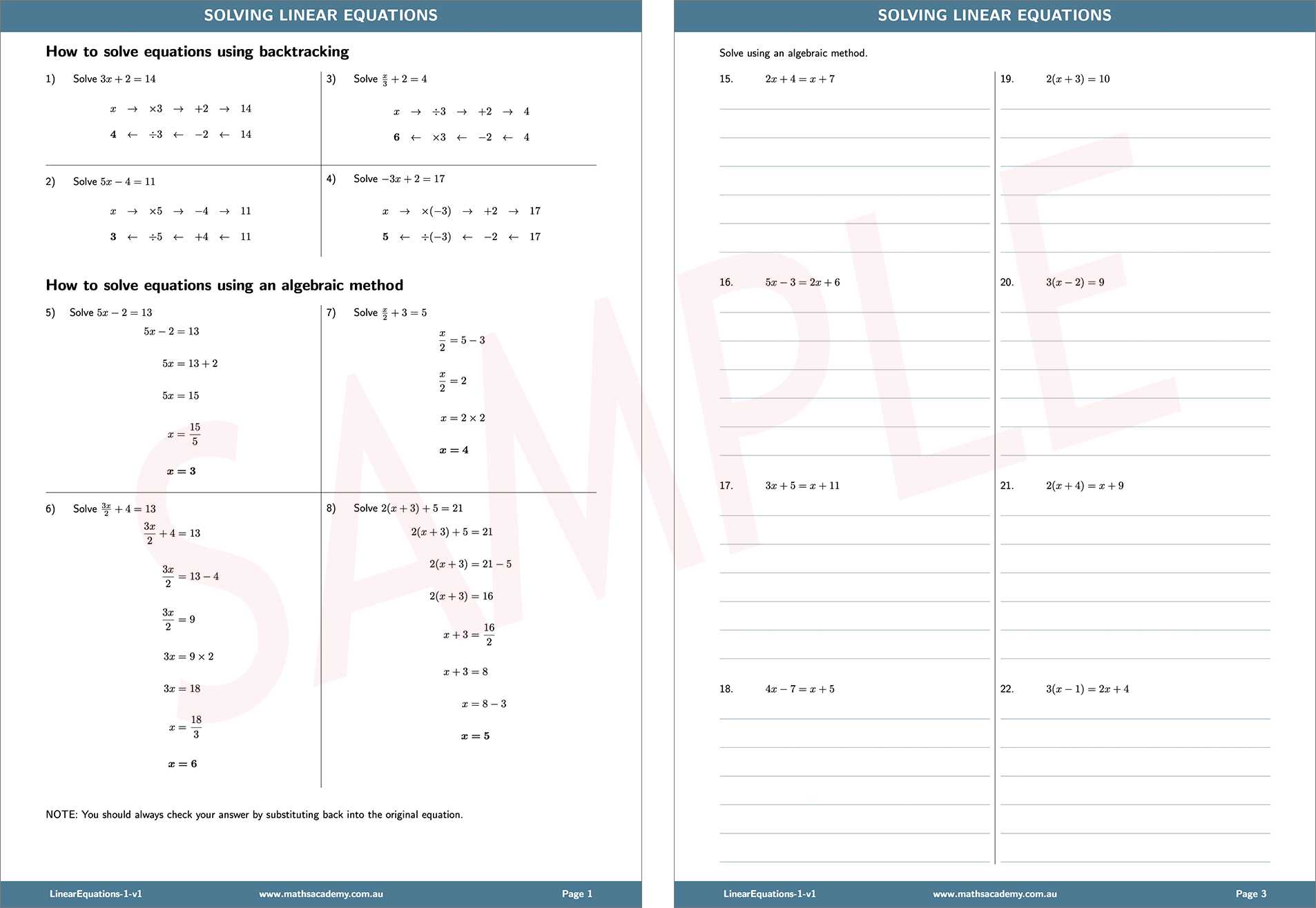 Solving Linear Equations PDF Worksheet Pack Maths Academy