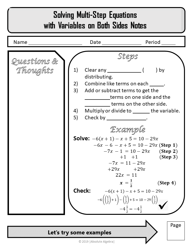 equations with variables on both sides worksheet