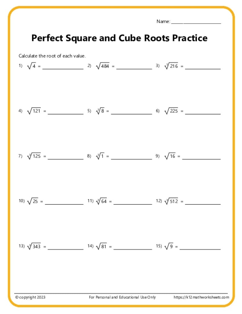 Square Roots Cube 4th 5th U0026 6th Roots K12 Math Worksheets